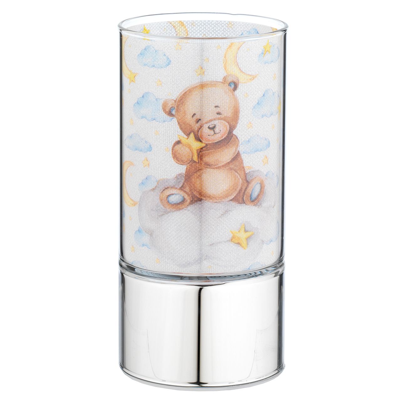 LAMPADA IN VETRO 7x15 CON DECORO ORSETTO SU NUVOLA AZZURRO

